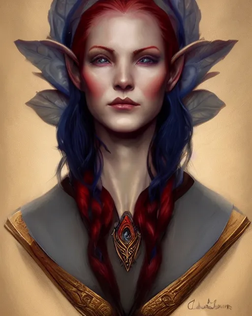 Prompt: A detailed matte oil on canvas head on symmetrical portrait of a distinguished elven woman with red blue hair, by Charlie bowater and lise deharme wlop, trending on artstationhd, dungeons and dragons art, critical role
