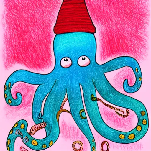 Image similar to multicolor drawing of a sad octopus wearing a pink hat by alex heywood in 4 k ultra high resolution, with depressive feeling