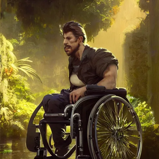 Image similar to handsome portrait of a wheelchair guy fitness posing, radiant light, caustics, war hero, smooth, one legged amputee, reflective water koi pond, ghost in the shell, metal gear solid, disabled, lush garden surroundings, by gaston bussiere, bayard wu, greg rutkowski, giger, maxim verehin