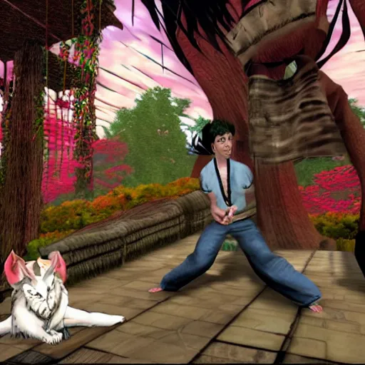 Prompt: Screenshot of the Markiplier character in the Playstation 2 game Okami. HDR, 4k, 8k, Okami being petted by Markiplier, who is looking at the camera.