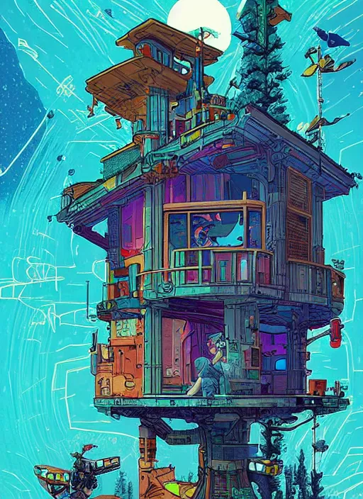 Prompt: explorer with cyberpunk headpiece playing video games in his treehouse, highly detailed, 4 k, midnight, by victo ngai and james gilleard, moebius, laurie greasley, adventure time colour palette