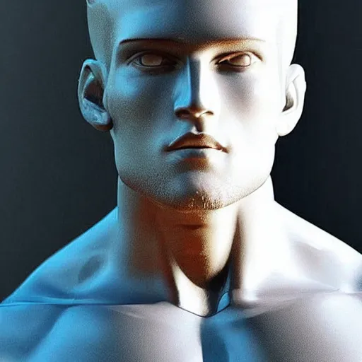 Image similar to “a realistic detailed photo of a guy who is an attractive humanoid who is half robot and half humanoid, who is a male android, baseball player Bryce Harper, shiny skin, posing like a statue, blank stare”