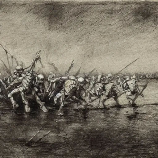 Image similar to an army of skeletons rising from a river by alfred stevens, charcoal