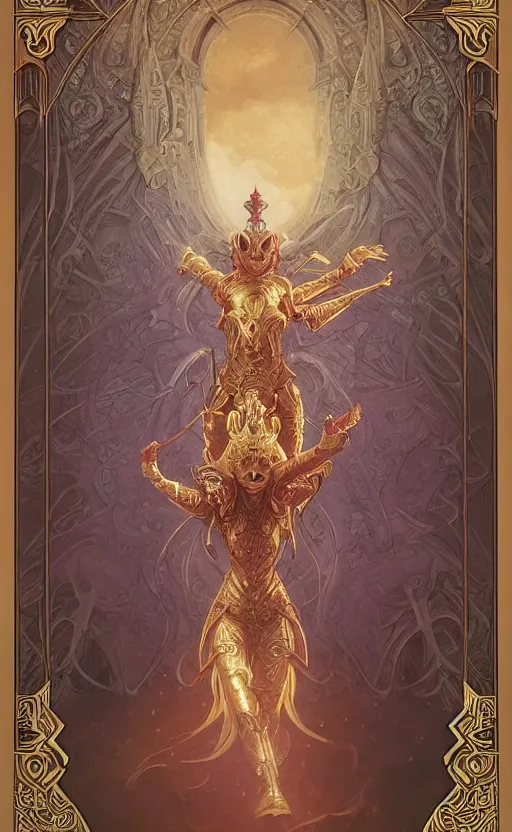 Prompt: playing card of ascending full body redhead goddess , intricate armor, highly detailed, glowing, action pose, cinematic, Art Deco, gold filigree, ethereal, artgerm, alfonso mucha, zdzisław beksiński, Andrei ryabovichev, Shaun tan, Chriss foss, Peter mohrbacher, 8k