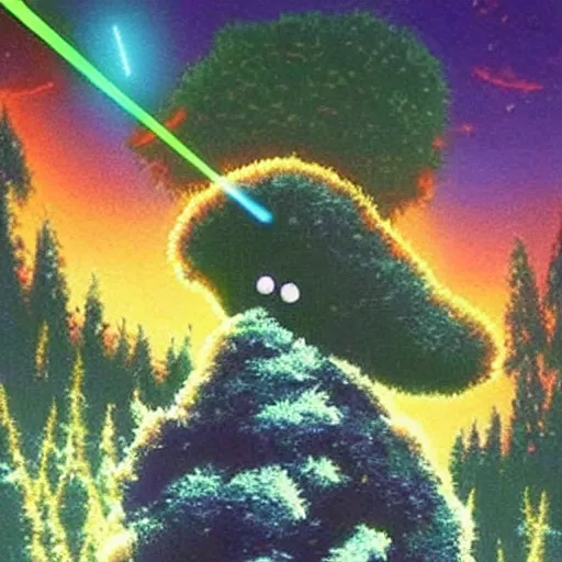 Image similar to Bob Ross Scenery with Robot Alien Snowmen Shooting Laser Beams at Things in the sky. Epic Amazing Insanity. Salvia Droid Joker .