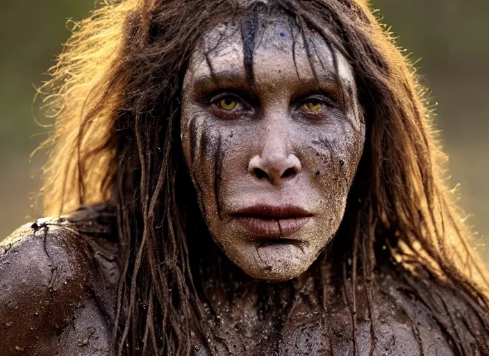 Image similar to beautiful supermodel neanderthal woman covered in mud, movie still, from the movie quest for fire, 8 k, realistic