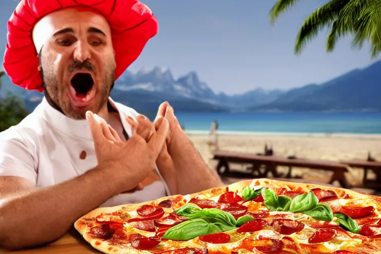 Prompt: italian chef yells at a pinnaple pizza on the table on pizza hut, beach background, mountains background, 8k, high detailed, high resolution