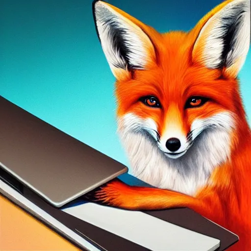 Image similar to portraite of a cute fox sitting in front of laptop, by artgerm, andrei riabovitchev, vivid colors, orange glow