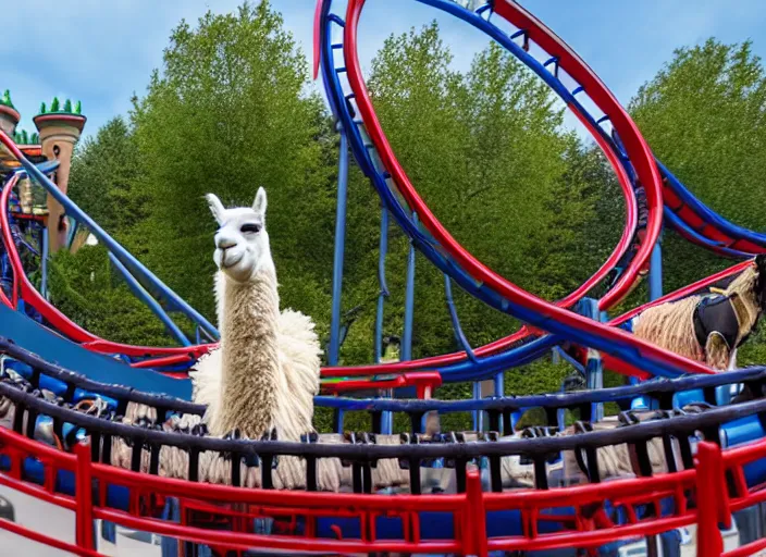 Image similar to film still of a llama riding a roller coaster in disneyland paris, 8 k