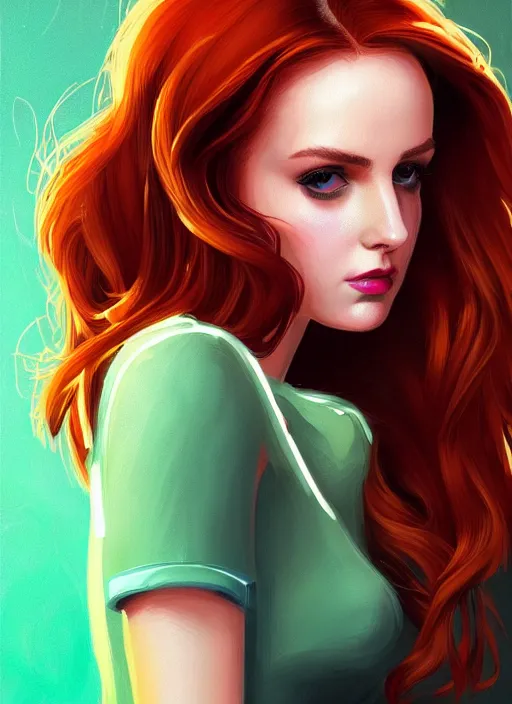 Image similar to full body portrait of teenage cheryl blossom, bangs, green eyes, mischievous expression, red hair, sultry smirk, bangs and wavy hair, intricate, elegant, glowing lights, highly detailed, digital painting, artstation, concept art, smooth, sharp focus, illustration, art by wlop, mars ravelo and greg rutkowski