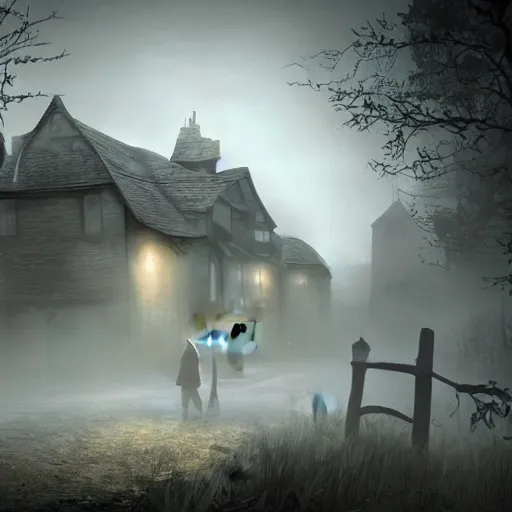 Image similar to Village, horror, fog, foster, highly detailed, one house, fear, hyper realistic, atmospheric lighting