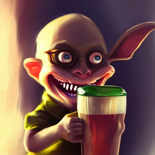 Prompt: happy Goblin smiling drinking a pint of beer artstation award winning photography