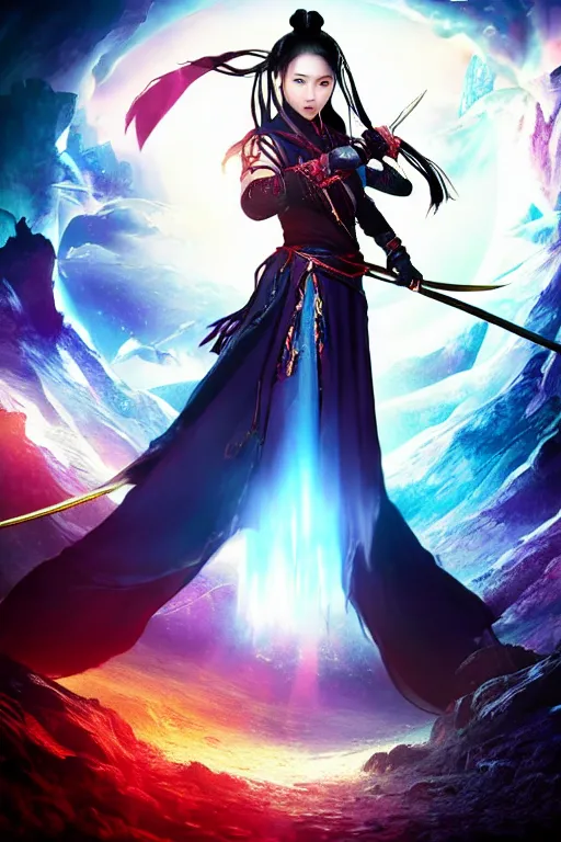 Prompt: beautiful cinematic fantasy poster, wuxia sword dance heroine, beautiful glowing galaxy eyes, hybrid from Dynasty Warriror and art direction by tian zi, WLOP, Darius Zawadzki cinematic quality character render; low angle; ultra high quality model; production quality cinema model;