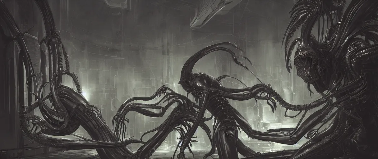 Prompt: duotone noir hyperreal concept illustration of shiny black xenomorph alien machinery by hr giger. cosmic horror atmosphere. cinematic volumentric lighting. by sachin teng and sergey kolesov and ruan jia and heng z. graffiti art, scifi, fantasy, hyper detailed. octane render. trending on artstation