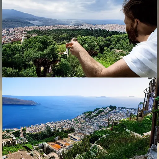 Image similar to man high up in the greek villas looking over at the water, scenic, beautiful landscape, 4 k, artstation