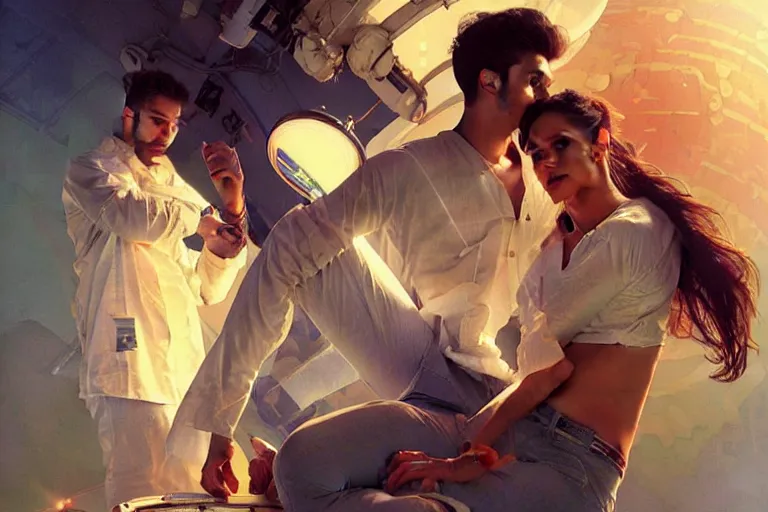 Image similar to Sensual good looking pale young Indian doctors wearing jeans in a space station above Earth performing surgery, portrait, elegant, intricate, digital painting, artstation, concept art, smooth, sharp focus, illustration, art by artgerm and greg rutkowski and alphonse mucha