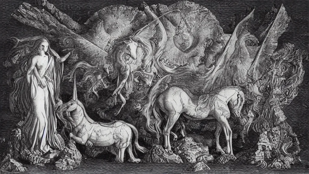 Image similar to mankinds discovery of alchemy sacred geometry engraving with unicorn by gustave dore, colorized