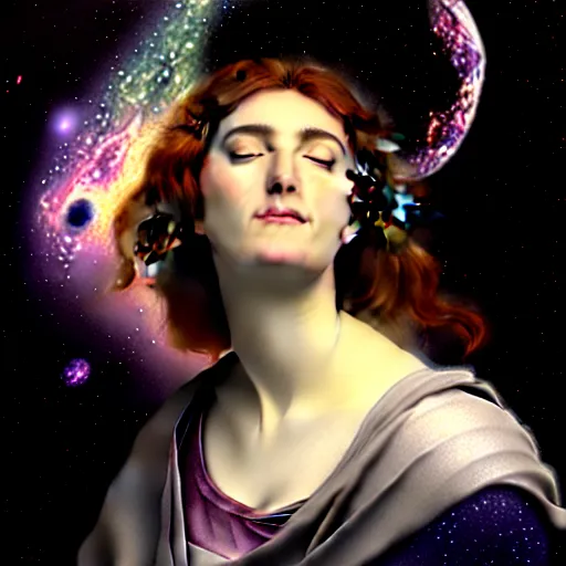 Image similar to hypatia dreaming of galaxies and nebulae, photorealistic