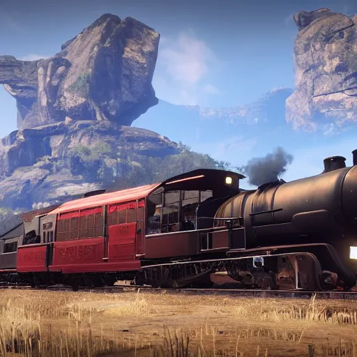 Image similar to futuristic sleek steam locomotive in red dead redemption 2