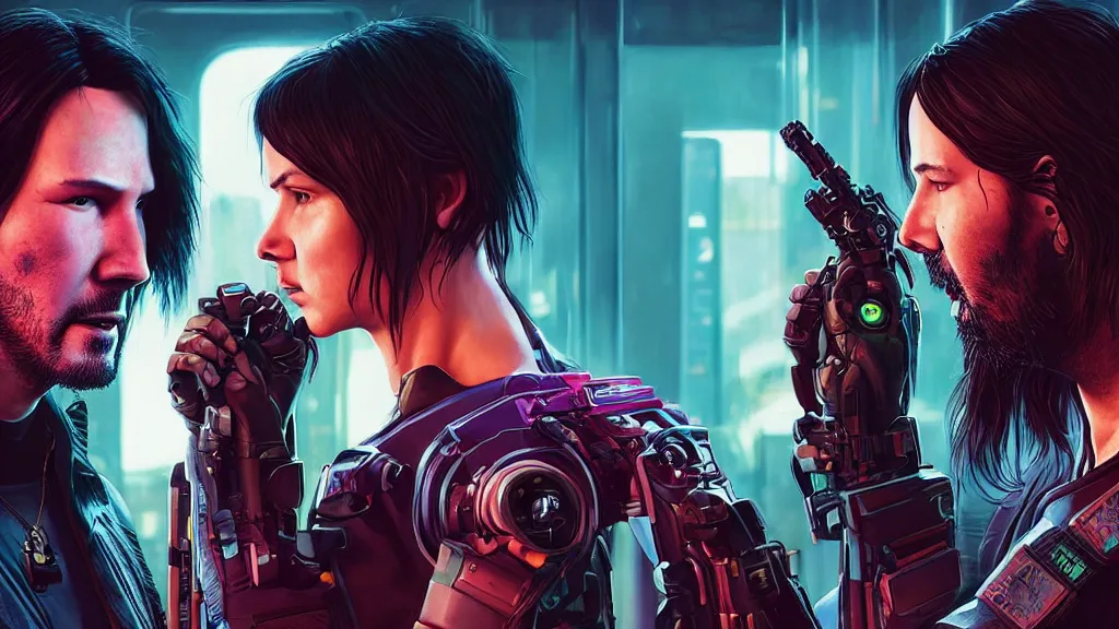 Image similar to a cyberpunk 2077 srcreenshot couple portrait of Keanu Reeves&female android in kiss,love story,film lighting,by Laurie Greasley,Lawrence Alma-Tadema,Dan Mumford,John Wick,Speed,Replicas,artstation,deviantart,FAN ART,full of color,Digital painting,face enhance,highly detailed,8K,octane,golden ratio,cinematic lighting