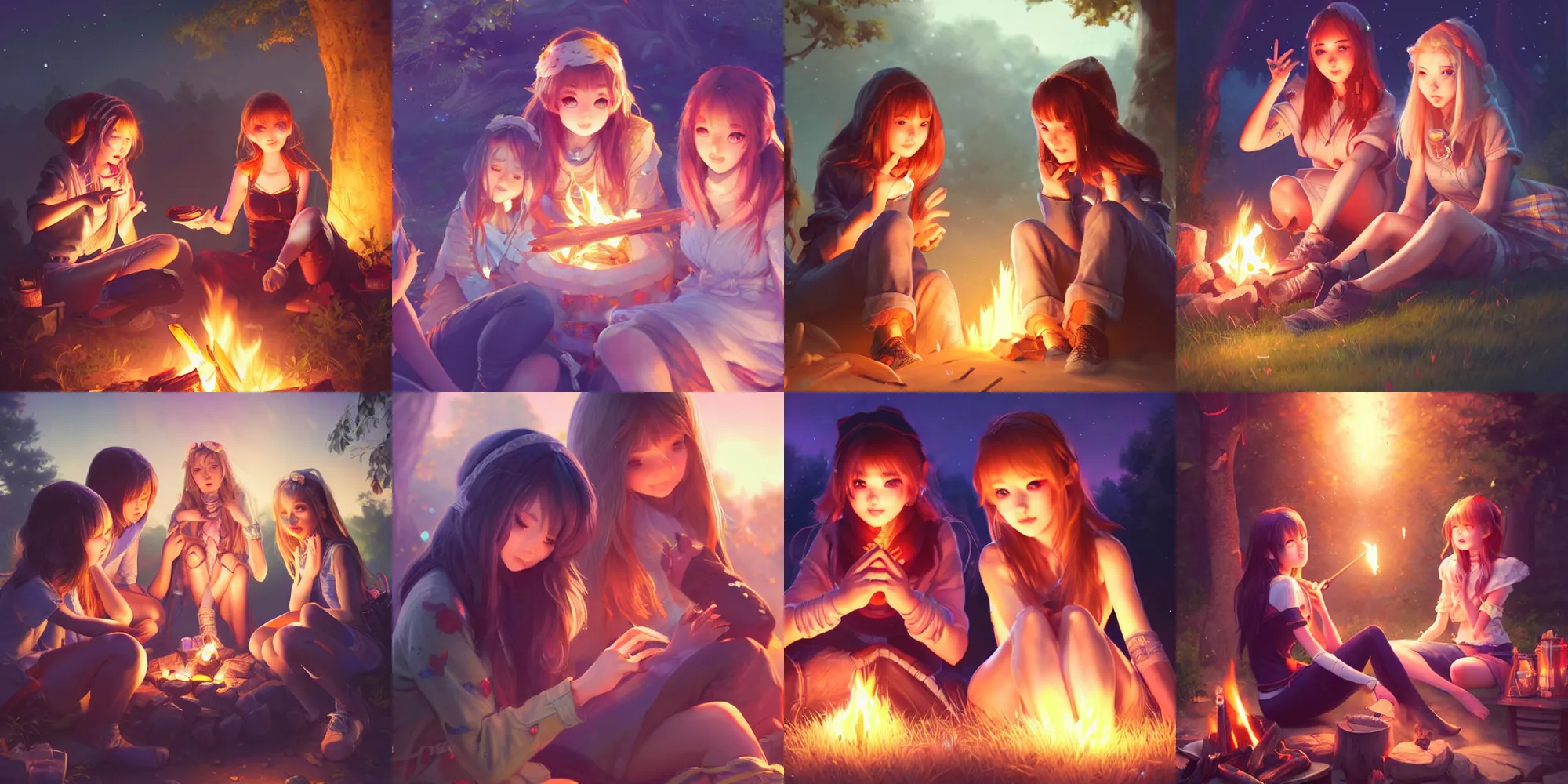 Prompt: very beautiful cute girls sitting around campfire at night, super detailed faces and eyes, trending on artstation, pixiv, hyperdetailed Unreal Engine 4k 8k ultra HD, Stanley Artgerm Lau, WLOP, Rossdraws, Sakimichan, illustration, digital art, concept art, manga cover