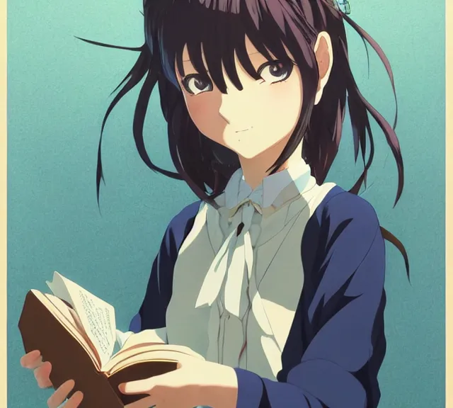 Image similar to anime visual, portrait of a young female traveler in a magic book shop interior, beautiful face by yoh yoshinari, katsura masakazu, studio lighting, dynamic pose, dynamic perspective, strong silhouette, anime cels, ilya kuvshinov, cel shaded, crisp and sharp, rounded eyes, moody, ( detailed character!! ), blue colors!!