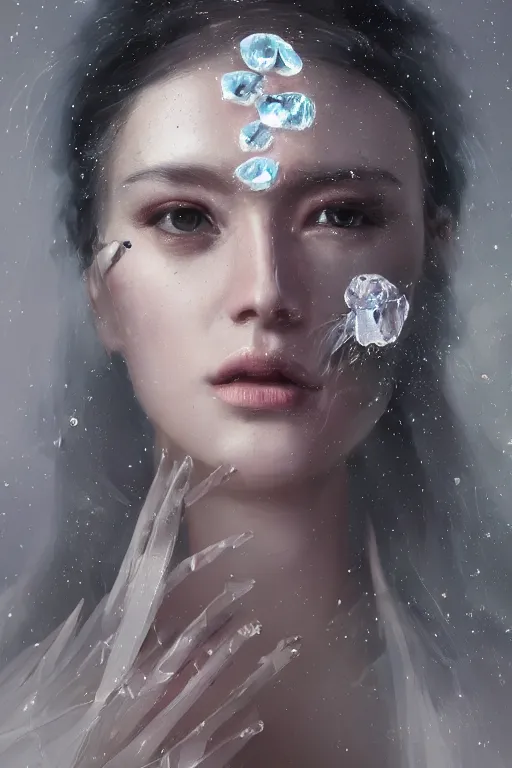 Image similar to A fancy portrait of a women with a crystal covered face by Greg Rutkowski, beeple, Sung Choi, Mitchell Mohrhauser, Maciej Kuciara, Johnson Ting, Maxim Verehin, Peter Konig, final fantasy, macro lens, 35mm, 8k photorealistic, cinematic lighting, HD, high details, dramatic, dark atmosphere, trending on artstation