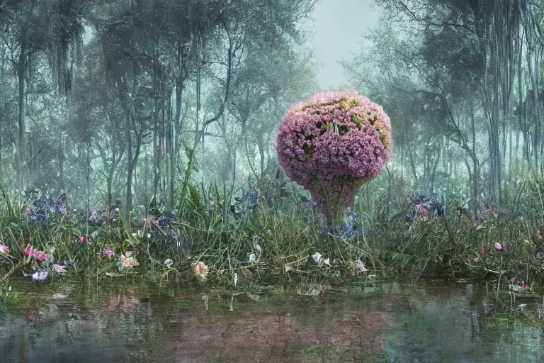 Image similar to hyperrealism, scene from starship, louisiana swamps, spring blooming flowers garden, true detective, 8 k, 8 0 s japanese sci - fi books art