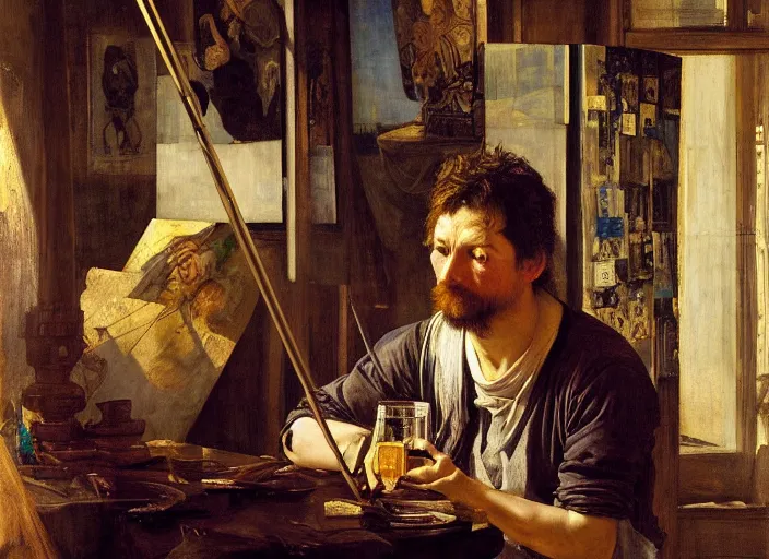 Image similar to an exhausted painter in his studio with a bottle of whisky painting a self portrait, by edgar maxence and caravaggio and michael whelan and delacroix style, artistic, intricate drawing, cinematic lighting, hyper realistic, extremely detailed, establishing shot, 8 k resolution, dramatic lighting