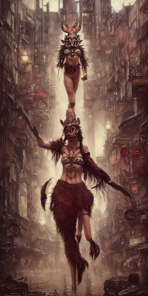 Image similar to hyper realistic Princess Mononoke, ornate mask, wet market street, cyberpunk metropolis, city landscape, jewels, full body pose, wolves, style of tom bagshaw, mucha, james gurney, norman rockwell, denoised, sharp