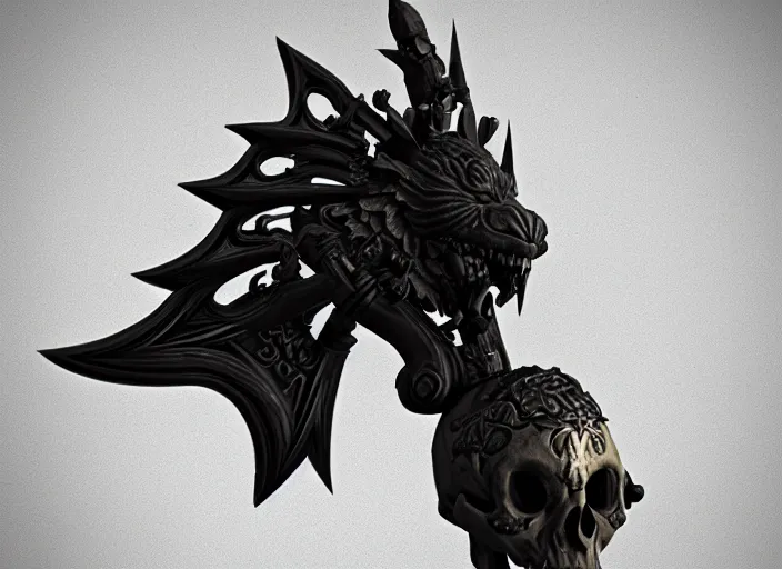 Image similar to a black long sword skull crest, orthographic, ornament, weapon, a 3 d render by dom qwek, front side views full, trending on polycount, artstation, hard surface modeling, rendered in maya, 3 ds max, blender, hd, vray