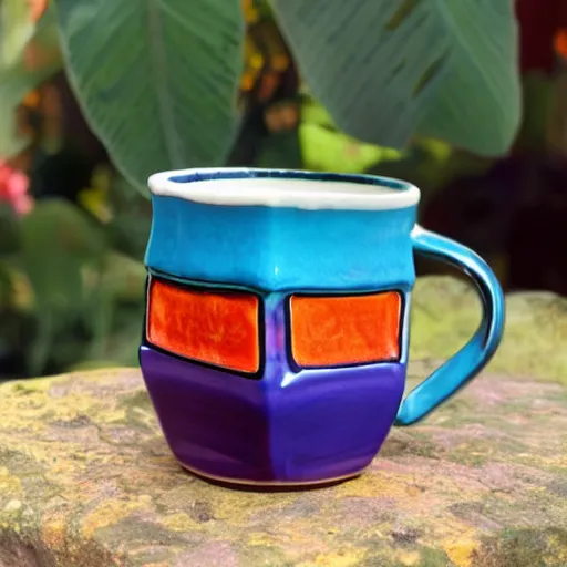 Prompt: brightly colored dodecahedron ceramic mug with iridescent glaze
