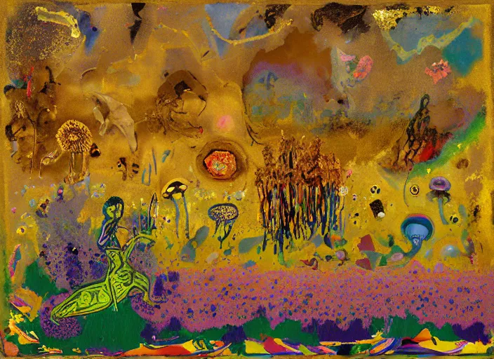 Prompt: expressionistic decollage painting golden armor alien zombie horseman riding on a crystal bone dragon broken rainbow diamond maggot horse in a blossoming meadow full of colorful mushrooms and golden foil toad blobs in a golden sunset, distant forest horizon, painted by Mark Rothko, Helen Frankenthaler, Danny Fox and Hilma af Klint, pixelated, semiabstract, color field painting, byzantine art, voxel art, pop art look, naive, outsider art. Barnett Newman painting, part by Philip Guston and Edward Robert Hughes art by Adrian Ghenie, 8k, extreme detail, intricate detail, masterpiece