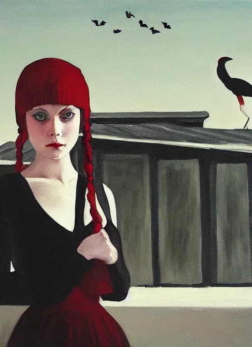 Image similar to a painting of AnnaSophia Robb, frozen cold stare, blood red background and transparent gray dress, crows as a symbol of death, in style of Edward Hopper, John Singer Sargant, American Gothic