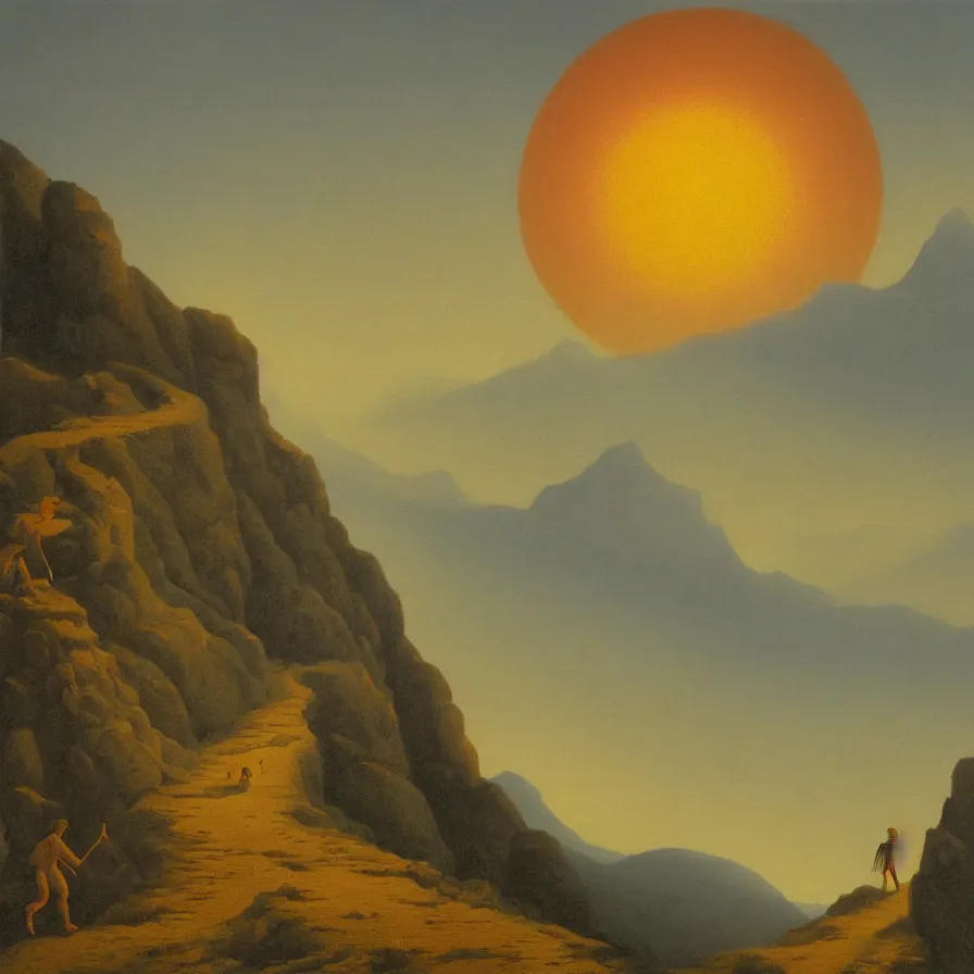 Prompt: surrealist neoclassicist artwork about walking the mountain road towards the sunrise horizon. atmospheric.