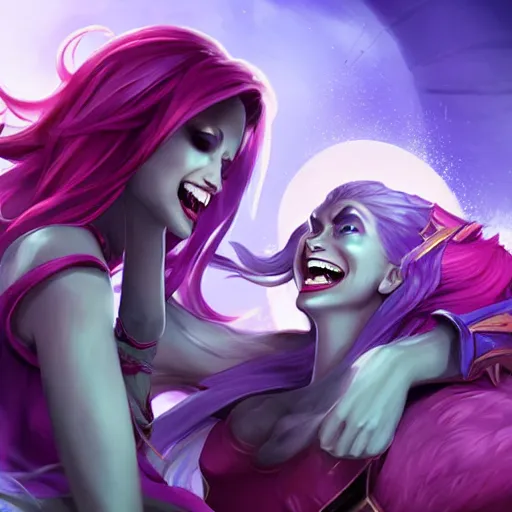 Prompt: league of legends, best friends, kai'sa and xayah, beautiful, laughing, photorealism