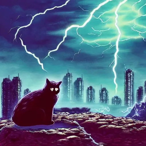 Image similar to a cat is sitting on a rock and looks at a total fallout city, while it is radioactive raining and a wild ghoul is coming nearby, there is a lightning which is deep purple, the cat has high details and can only be seen from the back