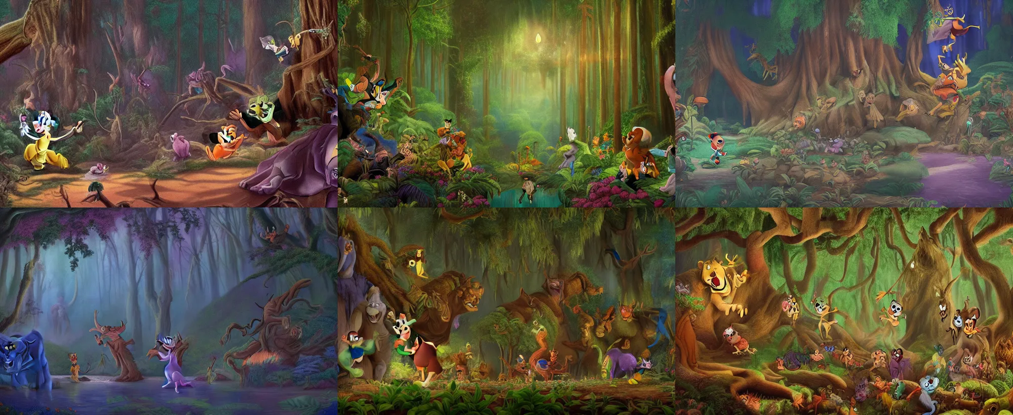 Prompt: Movie frame from the coloured Disney animated motion picture released in 1937, evil Mark Zuckerberg shaped creatures are living in the forest, beautiful enchanted forest full of critters, directed by Walt Disney, highly detailed background paintings by Thomas Kinkade