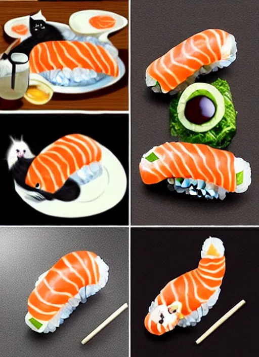 Image similar to clear photorealistic picture of adorable cats made out of sushi