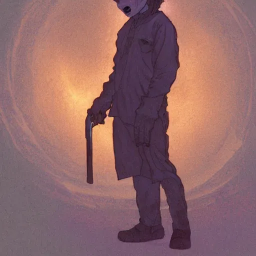 Image similar to michael myers in outside the myers house, halloween night, finely illustrated pale mask, moon light, shrubs, highly detailed, colored pencil, gainax, tankobon, in the style of ilya kuvshinov and yoshiyuki sadamoto and william - adolphe bouguereau and alphonse mucha