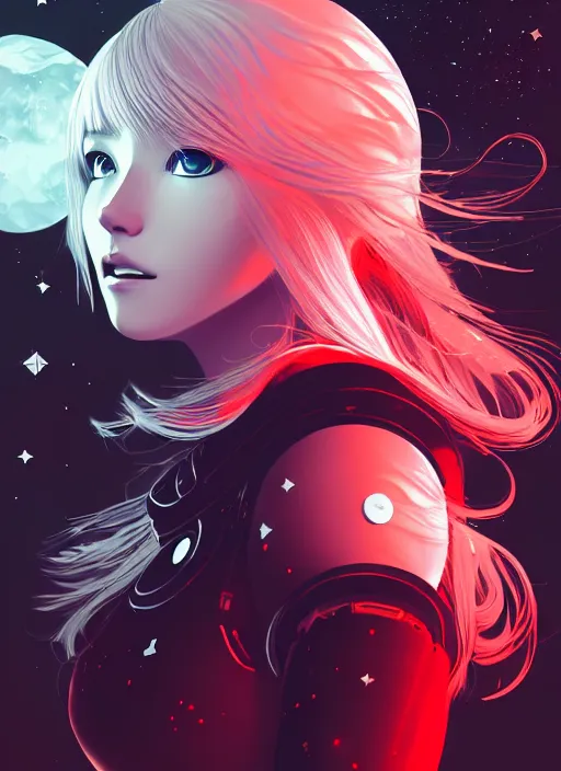 Prompt: highly detailed portrait of a hopeful pretty astronaut lady with a wavy blonde hair, by Cliff Chiang, 4k resolution, nier:automata inspired, bravely default inspired, vibrant but dreary but upflifting red, black and white color scheme!!! ((Space nebula background))