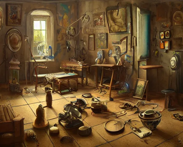 Prompt: a painting of a confusing room filled with unusual artifacts, an airbrush painting by breyten breytenbach, cgsociety!, neo - primitivism