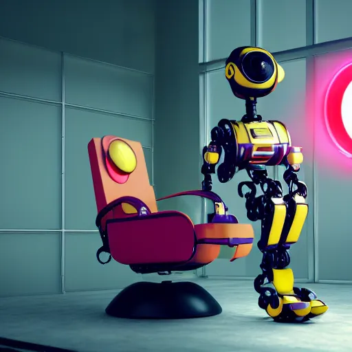 Prompt: futuristic studious matte yellow and red and chrome full-body humanoid robot with two huge round expressive sad purple glowing LED eyes and open rectangular mouth sitting on a large comfortable cushioned 1950s vintage recliner reading a newspaper. open newspaper. Cinematic Movie Photograph, Arri Alexa, Extremely Detailed, smooth, very very clean, 8K, octane render, maya render, unreal engine, trending on artstation, DSLR, excellent composition, center frame