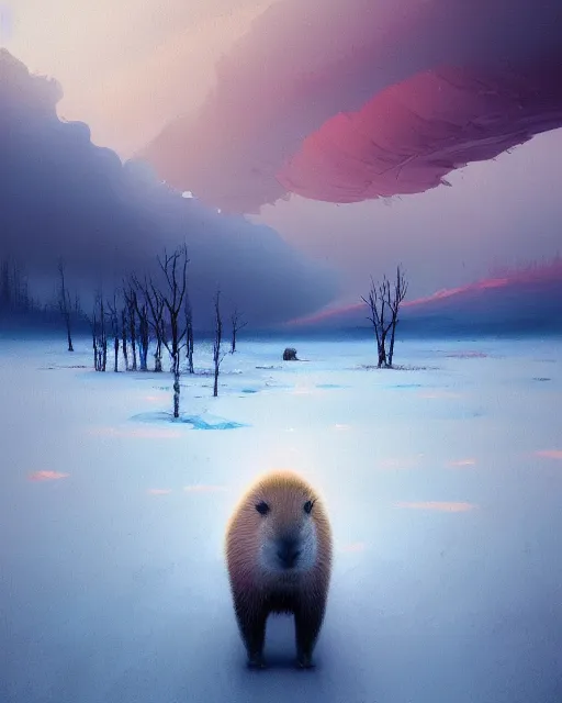 Prompt: white capybara at a cold tundra land, surreal photography, dramatic, impressionist painting, colorful clouds, digital painting, artstation, kilian eng, john harris, bastien lecouffe - deharme, simon stalenhag, flower face