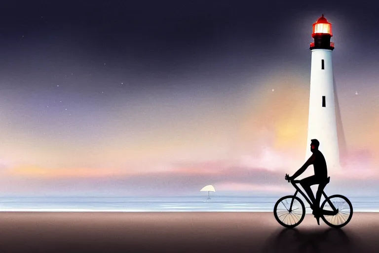 Image similar to photo of man riding a bicycle along the beach, glowing underwater toward a lighthouse in the distance guiding his way, silhouette, wide horizon, large white clouds, night, intricate, elegant, highly detailed, digital painting, artstation, concept art, smooth, sharp focus, illustration, art by artgerm and greg rutkowski and fra angelico