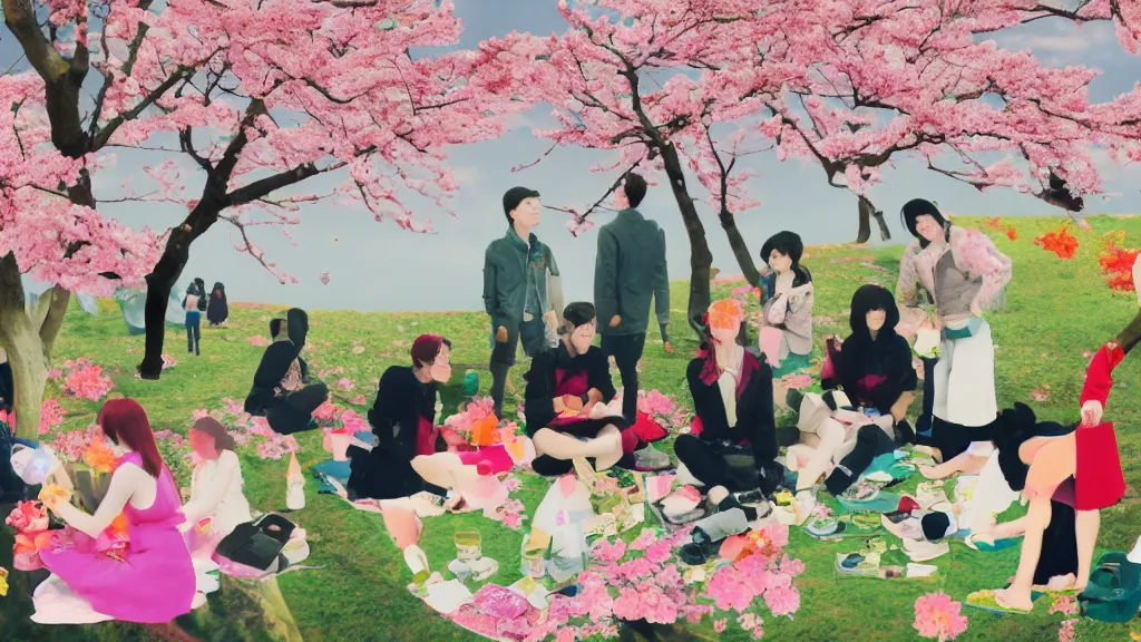 Image similar to a small group of people flower viewing sakura picnic, japan, a collage painting, in the style of wes anderson, lola dupre, david hockney, isolated on negative white space background dark monochrome neon fluorescent spraypaint accents volumetric octane render