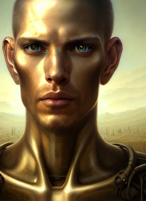 Image similar to closeup portrait shot of a male android in a scenic dystopian environment, intricate, elegant, highly detailed, centered, digital painting, artstation, concept art, smooth, sharp focus, illustration, artgerm, tomasz alen kopera, peter mohrbacher, donato giancola, joseph christian leyendecker, wlop, boris vallejo