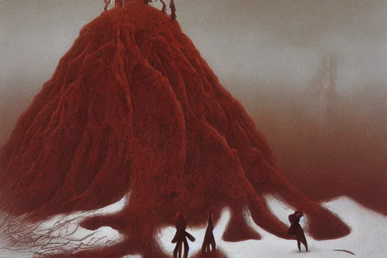 Image similar to a surrealist painting of a lonely woman with pale skin and red hair, standing over pile of bodies in post apocalyptic snowy landscape, painted by zdzisław beksinski