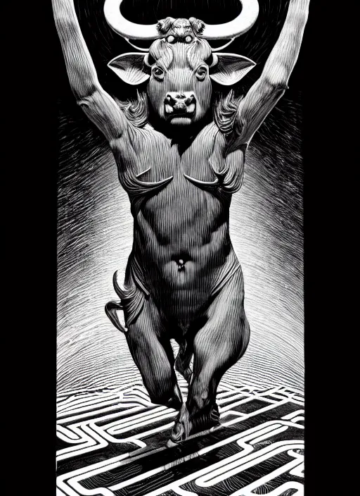 Prompt: minotaur in labyrinth, extremely detailed, bold line art, by vincent di fate and joe fenton and artgerm, mythology, inking, etching, screen print, inkblots of color, masterpiece, trending on artstation, sharp, high contrast, hyper realistic, hd, 4 k, 8 k