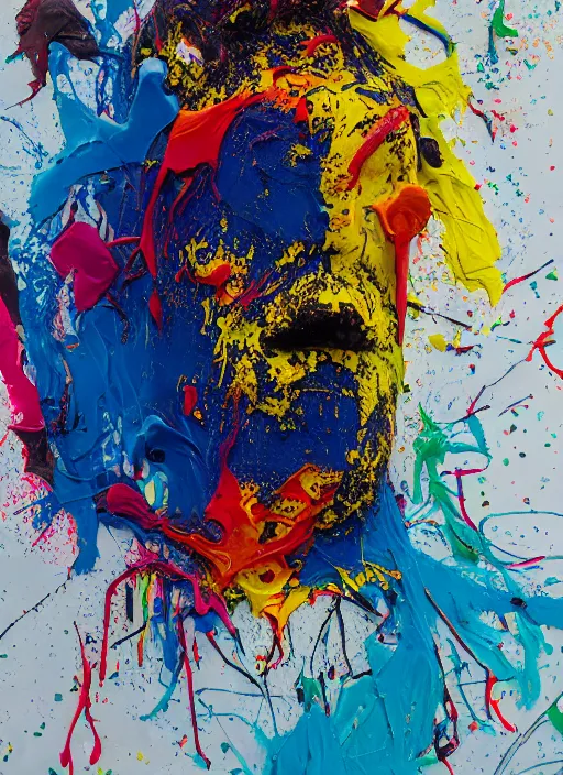 Image similar to abstract expressionist mid shot portrait of a man made of very thick impasto paint and acrylic pour and coloured powder explosion and splashing paint and dripping paint and flying paint chunks, eyes closed or not visible, expressing strong emotions, art by antony micallef, motion blur, hyperrealistic, intricate art photography, anatomically correct, realistic crisp textures, 1 6 k